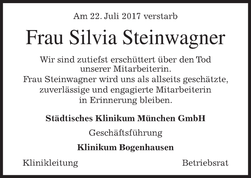  Traueranzeige für Silvia Steinwagner vom 28.07.2017 aus merkurtz