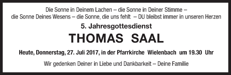  Traueranzeige für Thomas Saal vom 27.07.2017 aus merkurtz