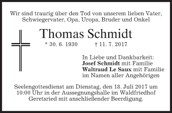 Traueranzeige von Thomas Schmidt von merkurtz