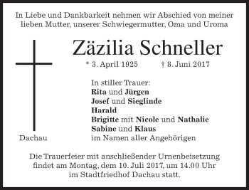 Traueranzeige von Zäzilia Schneller von merkurtz