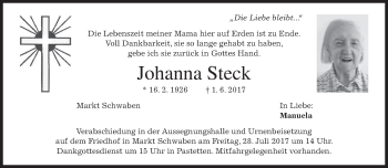 Traueranzeige von Johanna Steck von merkurtz