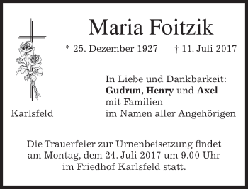 Traueranzeige von Maria Foitzik von merkurtz