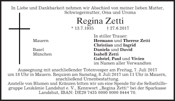 Traueranzeige von Regina Zetti von merkurtz