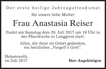 Traueranzeige von Anastasia Reiser von merkurtz