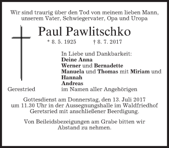 Traueranzeige von Paul Pawlitschko von merkurtz