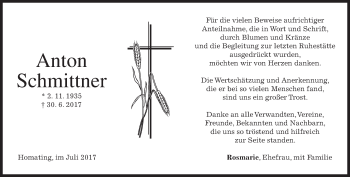 Traueranzeige von Anton Schmittner von merkurtz
