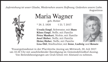 Traueranzeige von Maria Wagner von merkurtz