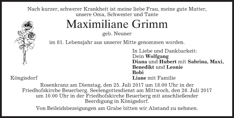  Traueranzeige für Maximiliane Grimm vom 25.07.2017 aus merkurtz
