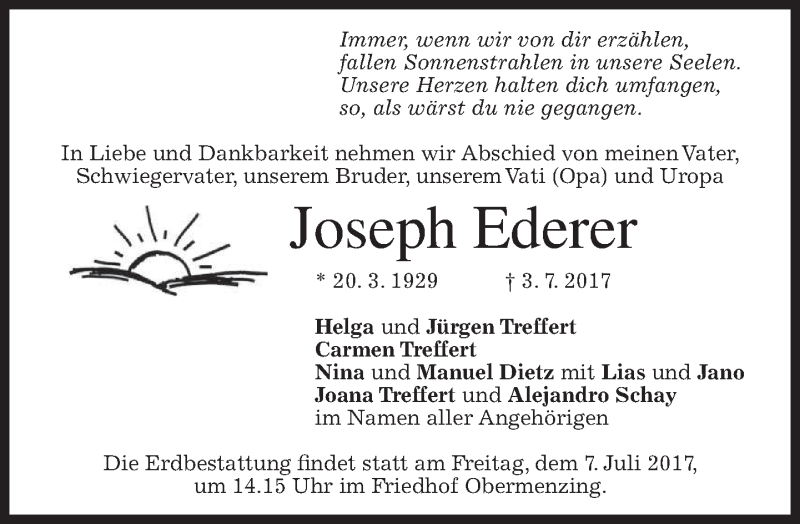  Traueranzeige für Joseph Ederer vom 06.07.2017 aus merkurtz