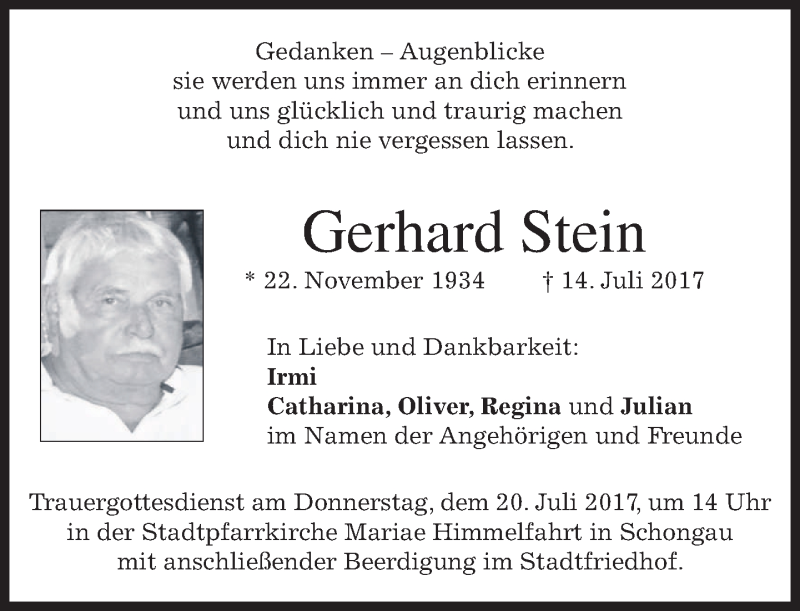  Traueranzeige für Gerhard Stein vom 18.07.2017 aus merkurtz