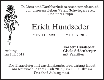 Traueranzeige von Erich Hundseder von merkurtz