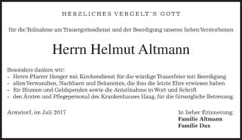 Traueranzeige von Helmut Altmann von merkurtz