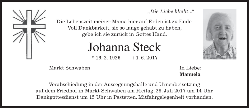  Traueranzeige für Johanna Steck vom 24.07.2017 aus merkurtz