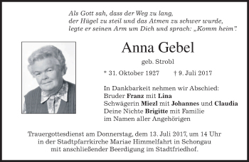 Traueranzeigen von Anna Gebel | trauer.merkur.de