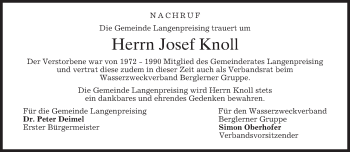 Traueranzeige von Josef Knoll von merkurtz