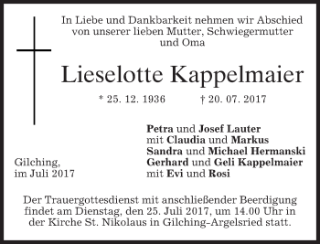 Traueranzeige von Lieselotte Kappelmaier von merkurtz