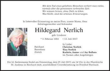 Traueranzeige von Hildegard Nerlich von merkurtz