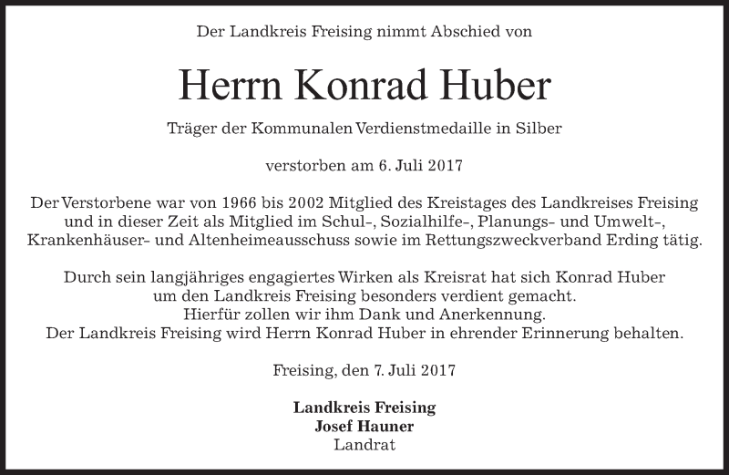  Traueranzeige für Konrad Huber vom 08.07.2017 aus merkurtz