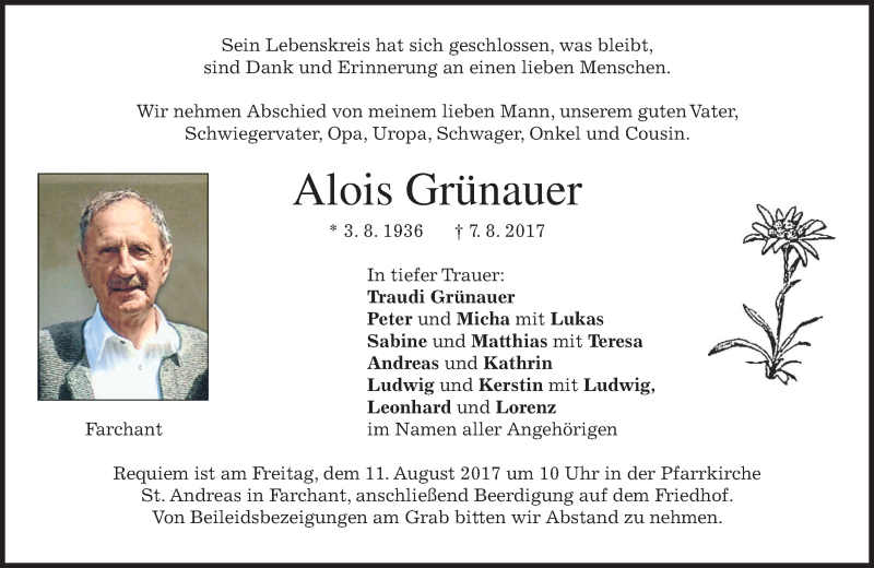  Traueranzeige für Alois Grünauer vom 09.08.2017 aus merkurtz
