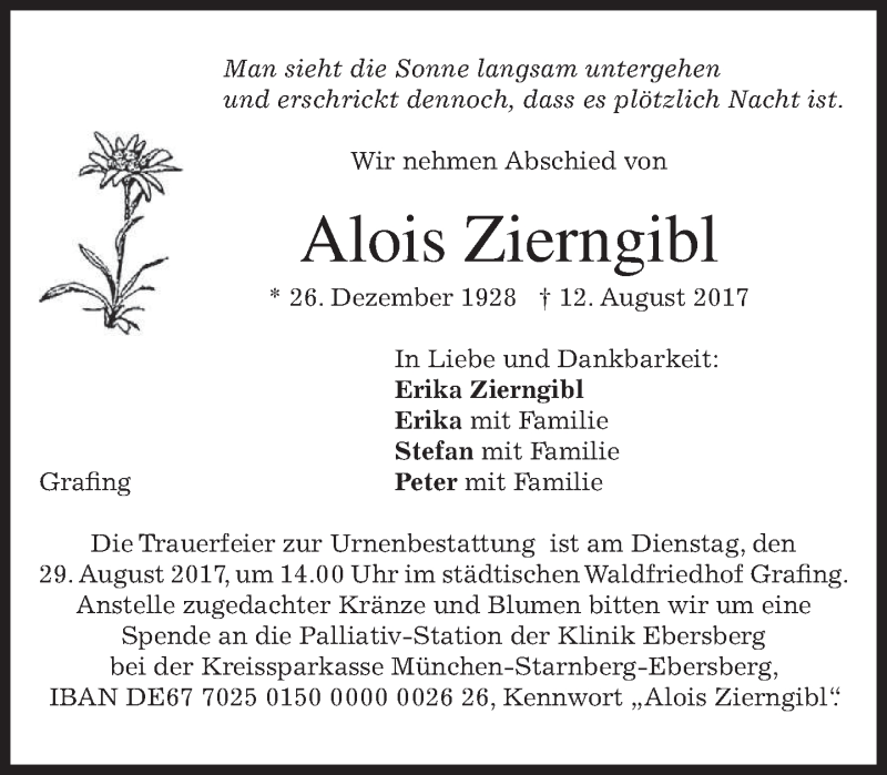  Traueranzeige für Alois Zierngibl vom 26.08.2017 aus merkurtz
