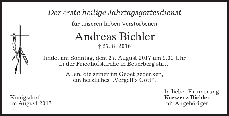  Traueranzeige für Andreas Bichler vom 25.08.2017 aus merkurtz