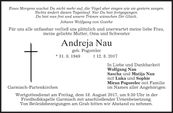 Traueranzeige von Andreja Nau von merkurtz