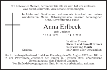 Traueranzeige von Anna Erlbeck von merkurtz