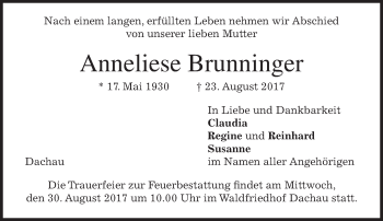 Traueranzeige von Anneliese Brunninger von merkurtz