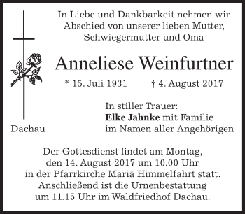 Traueranzeige von Anneliese Weinfurtner von merkurtz