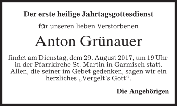 Traueranzeige von Anton Grünauer von merkurtz