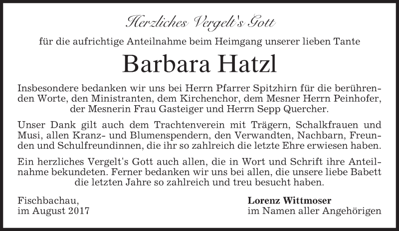  Traueranzeige für Barbara Hatzl vom 26.08.2017 aus merkurtz