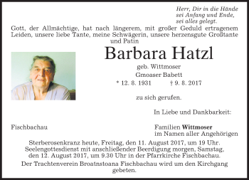 Traueranzeige von Barbara Hatzl von merkurtz