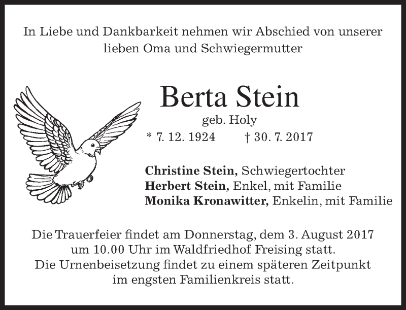  Traueranzeige für Berta Stein vom 01.08.2017 aus merkurtz