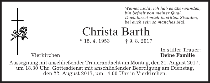  Traueranzeige für Christa Barth vom 19.08.2017 aus merkurtz