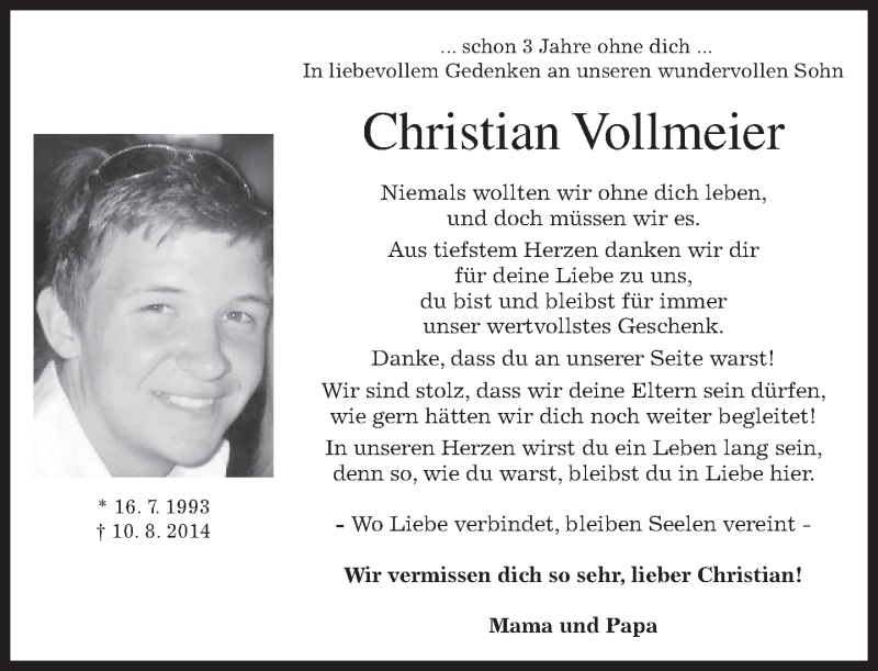  Traueranzeige für Christian Vollmeier vom 10.08.2017 aus merkurtz