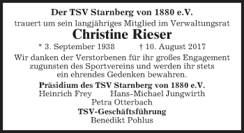 Traueranzeige von Christine Rieser von merkurtz