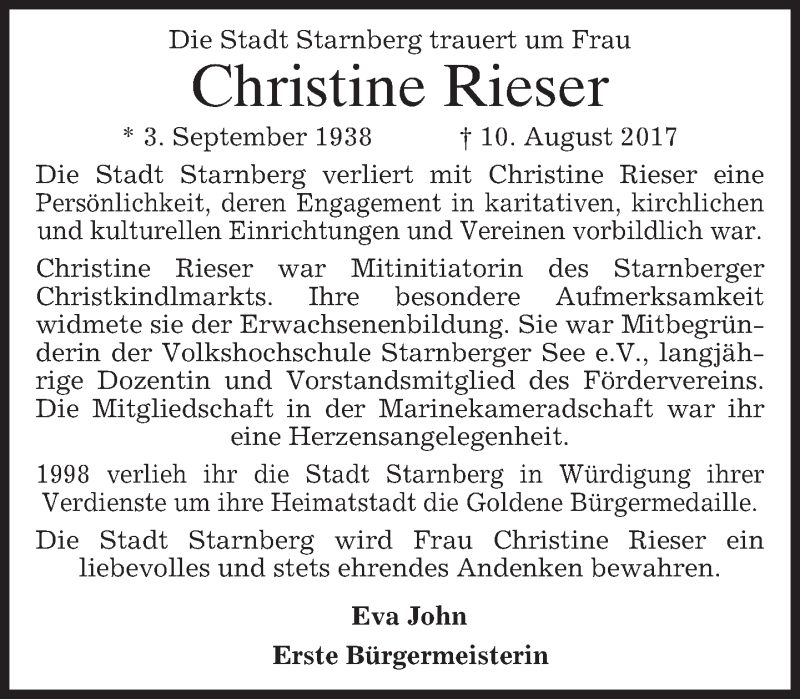  Traueranzeige für Christine Rieser vom 19.08.2017 aus merkurtz