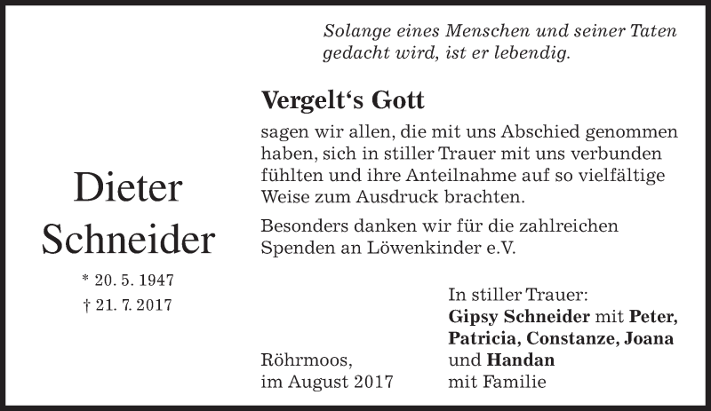  Traueranzeige für Dieter Schneider vom 12.08.2017 aus merkurtz