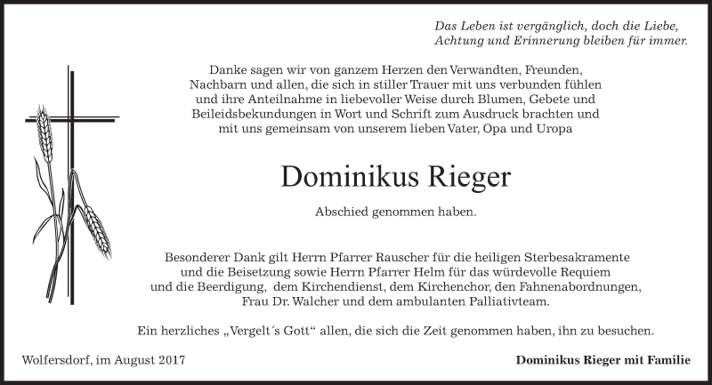  Traueranzeige für Dominikus Rieger vom 05.08.2017 aus merkurtz