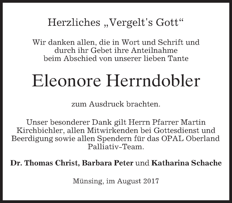 Traueranzeige für Eleonore Herrndobler vom 18.08.2017 aus merkurtz