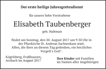 Traueranzeige von Elisabeth Taubenberger von merkurtz