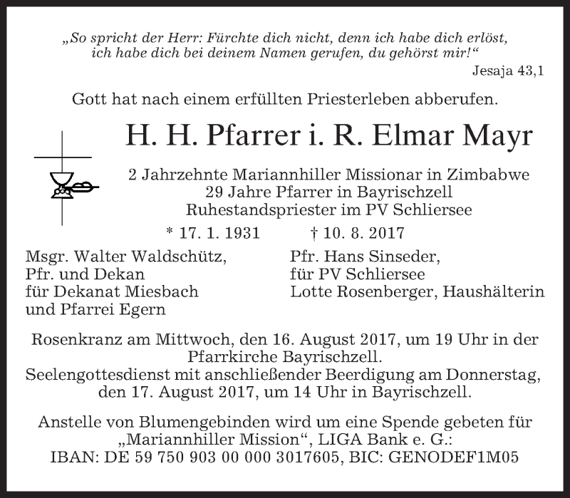  Traueranzeige für Elmar Mayr vom 12.08.2017 aus merkurtz