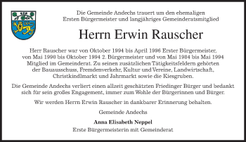 Traueranzeige von Erwin Rauscher von merkurtz