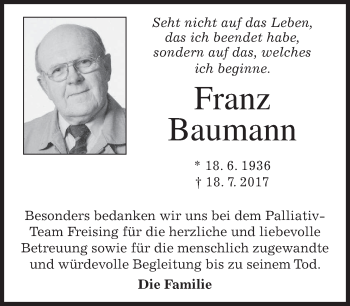Traueranzeige von Franz Baumann von merkurtz