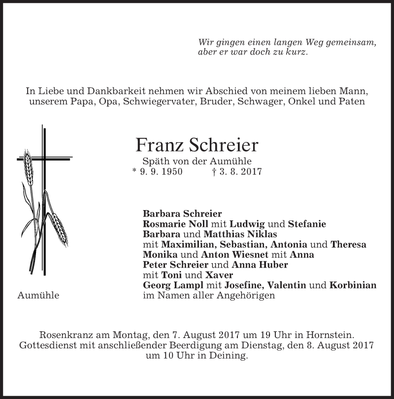  Traueranzeige für Franz Schreier vom 05.08.2017 aus merkurtz