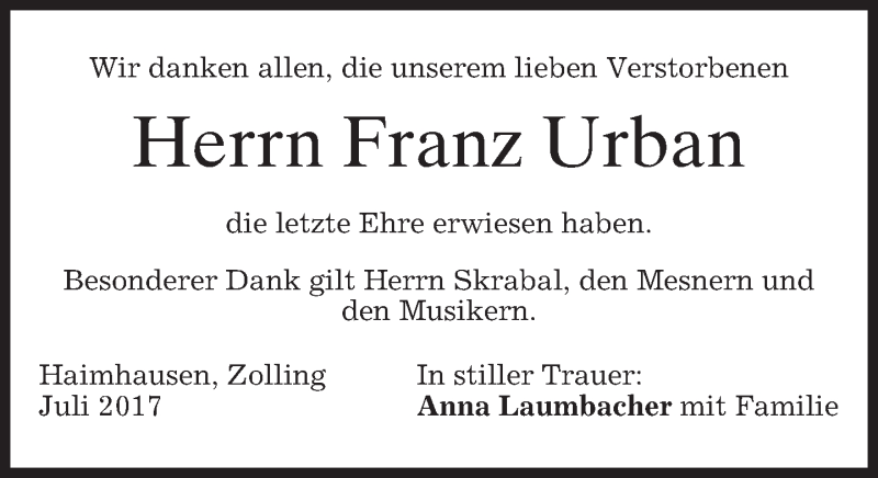 Traueranzeigen Von Franz Urban | Trauer.merkur.de