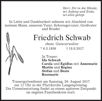 Traueranzeige von Friedrich Schwab von merkurtz