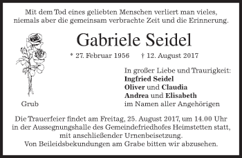 Traueranzeige von Gabriele Seidel von merkurtz