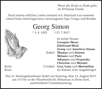 Traueranzeige von Georg Simon von merkurtz