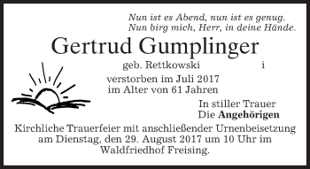 Traueranzeige von Gertrud Gumplinger von merkurtz